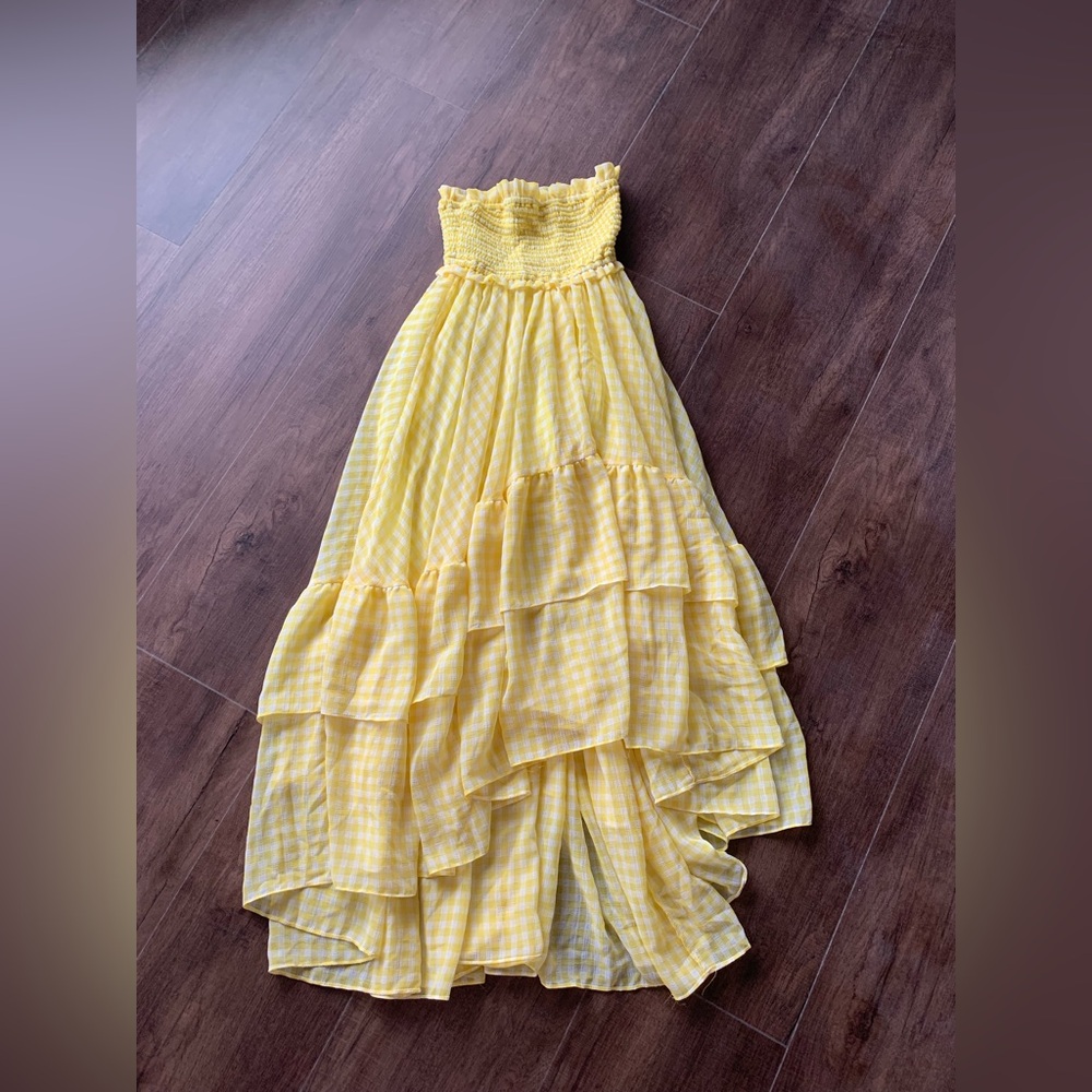 VICI gingham print ruffle strapless dress